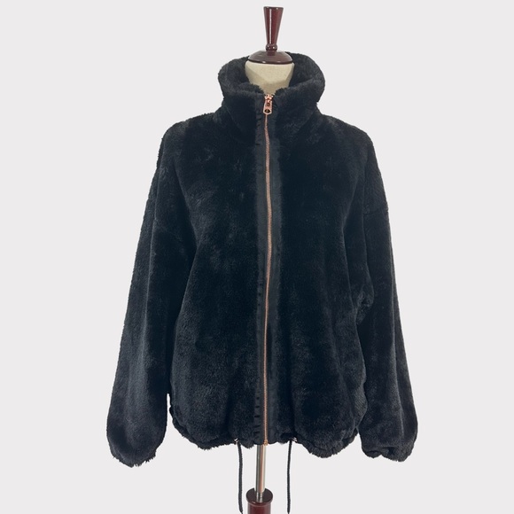 NWT - Lucky Brand XL Bomber Jacket Faux Fur Black - Picture 4 of 16